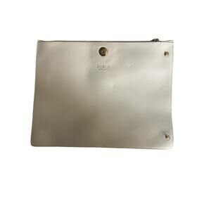 Furla Genuine Leather Clutch Pouch Cream Ivory Gold Hardware Zipper Large